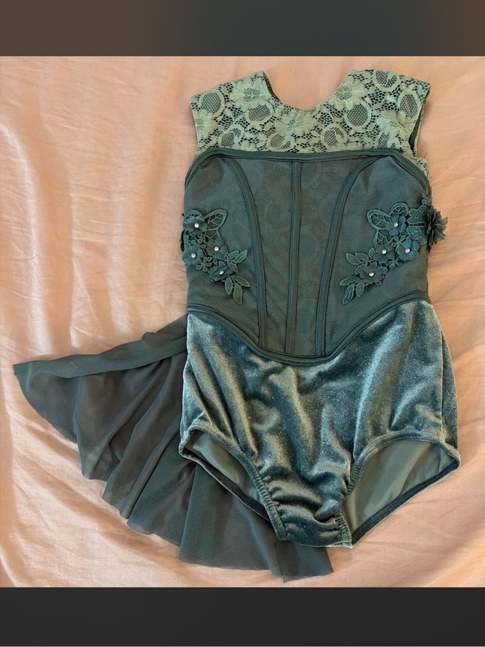 Weissman Teal Lace and Velvet Dance Leotard with Floral Appliqués